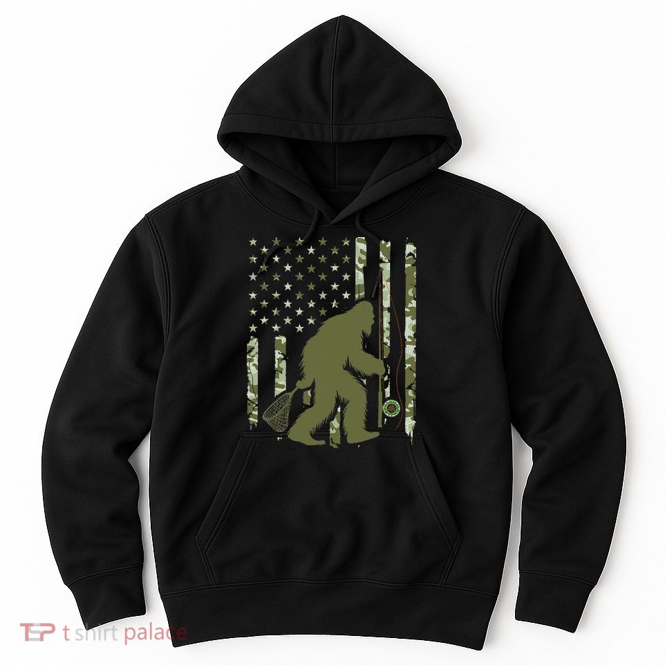 Bigfoot Sasquatch Fly Fishing American Flag Camo Vintage Hoodie