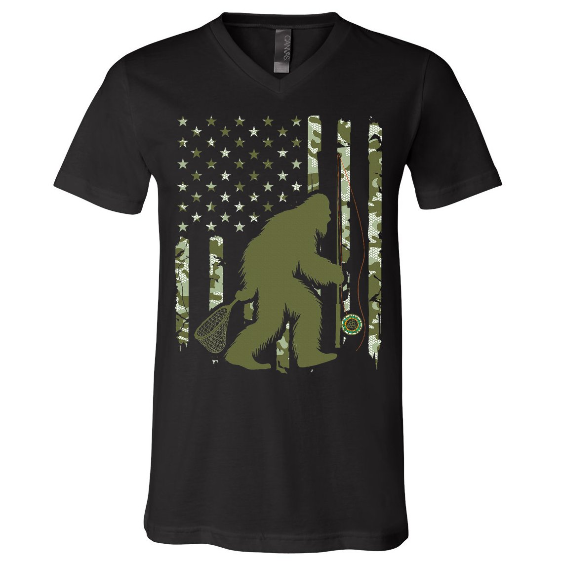 Bigfoot Sasquatch Fly Fishing American Flag Camo Vintage V-Neck T-Shirt