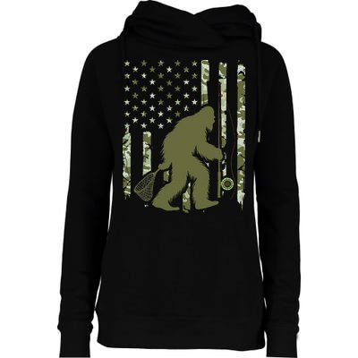 Bigfoot Sasquatch Fly Fishing American Flag Camo Vintage Womens Funnel Neck Pullover Hood