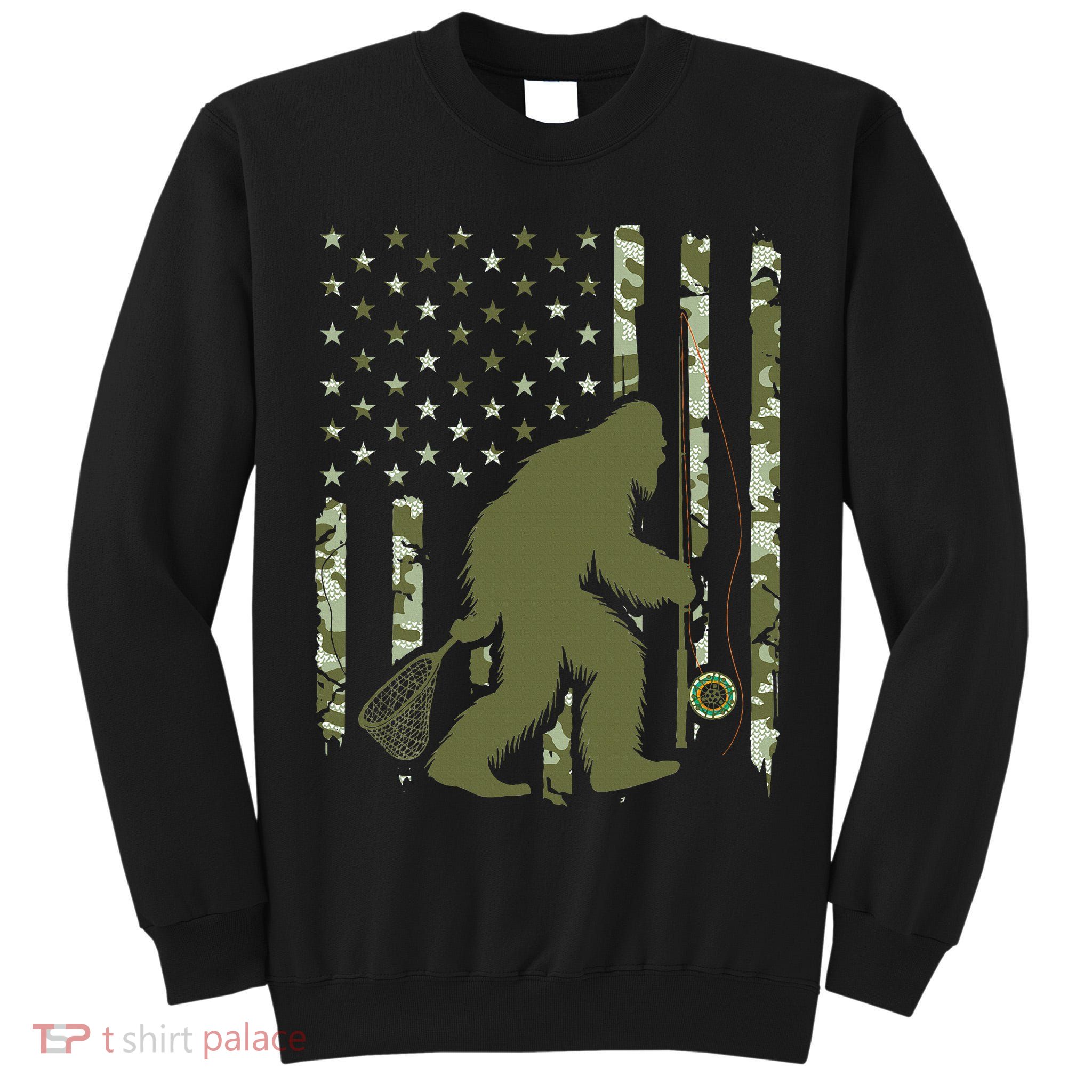 Bigfoot Sasquatch Fly Fishing American Flag Camo Vintage Tall Sweatshirt