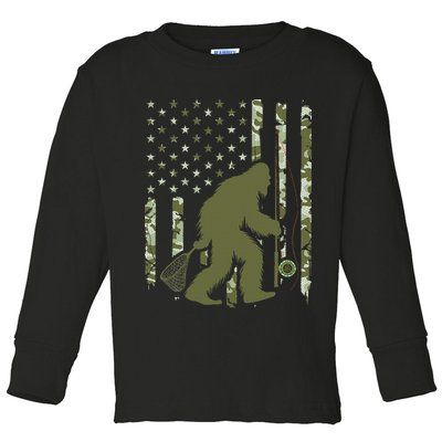 Bigfoot Sasquatch Fly Fishing American Flag Camo Vintage Toddler Long Sleeve Shirt