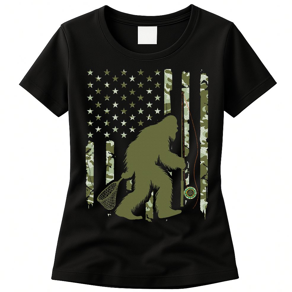 Bigfoot Sasquatch Fly Fishing American Flag Camo Vintage Womens T-Shirt