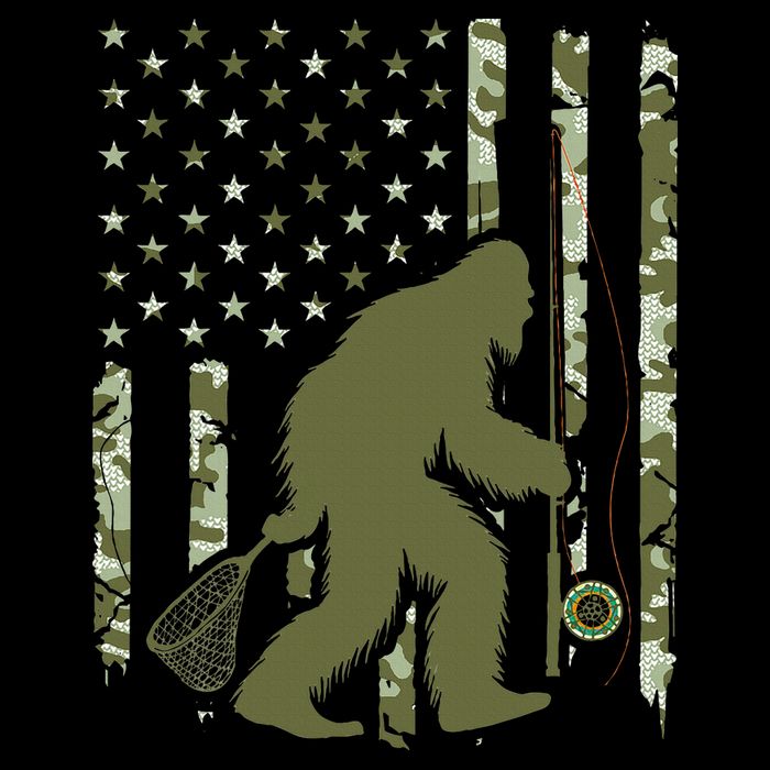 Bigfoot Sasquatch Fly Fishing American Flag Camo Vintage Womens T-Shirt
