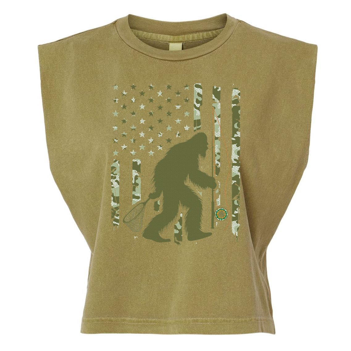 Bigfoot Sasquatch Fly Fishing American Flag Camo Vintage Garment-Dyed Women's Muscle Tee