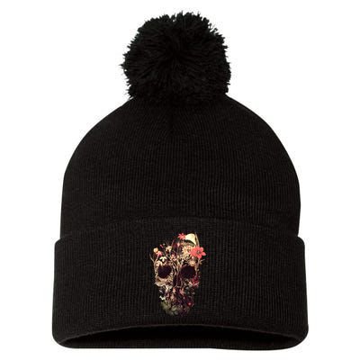 Bloom Skull Flower Pom Pom 12in Knit Beanie