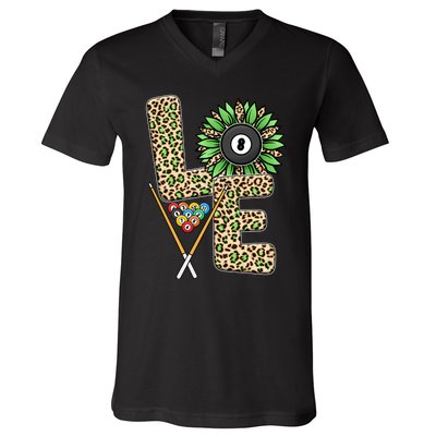 Billiards Shirts Funny, Love Billiards Snooker Pool Leopard Sunflower Sports V-Neck T-Shirt