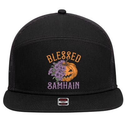 Blessed Samhain Flower Floral Halloween Pumpkin Head 7 Panel Mesh Trucker Snapback Hat