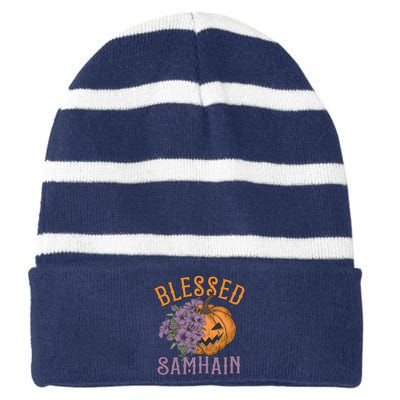 Blessed Samhain Flower Floral Halloween Pumpkin Head Striped Beanie with Solid Band