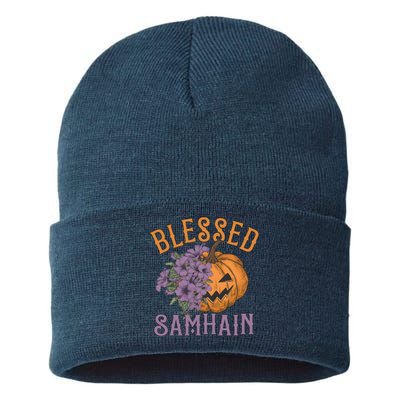 Blessed Samhain Flower Floral Halloween Pumpkin Head Sustainable Knit Beanie