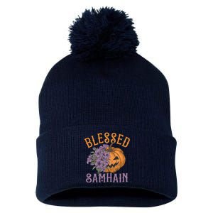 Blessed Samhain Flower Floral Halloween Pumpkin Head Pom Pom 12in Knit Beanie