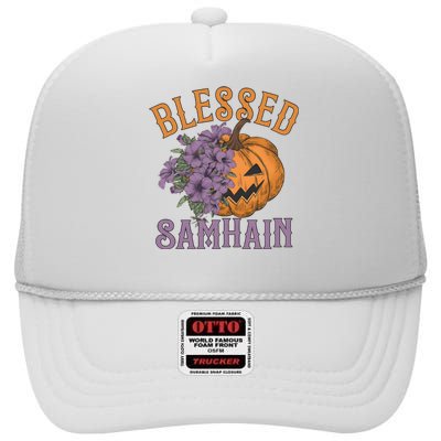 Blessed Samhain Flower Floral Halloween Pumpkin Head High Crown Mesh Back Trucker Hat