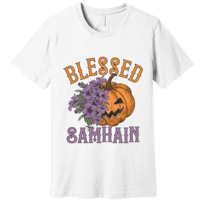 Blessed Samhain Flower Floral Halloween Pumpkin Head Premium T-Shirt