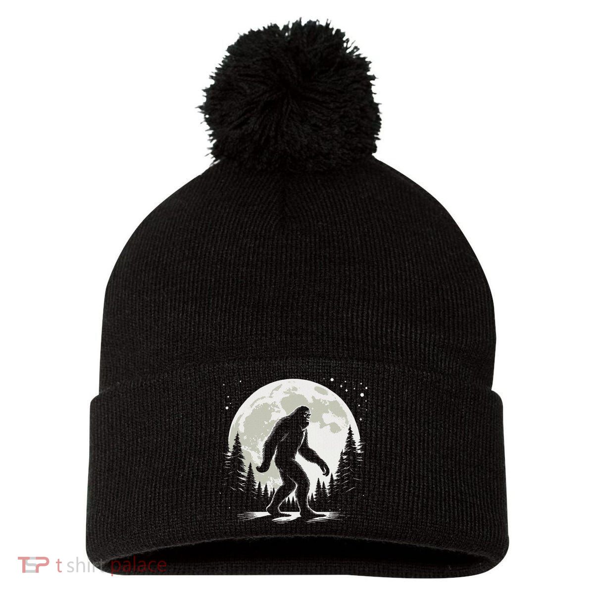Bigfoot Sasquatch Full Moon Forest Graphic Funny Big Foot Pom Pom 12in Knit Beanie