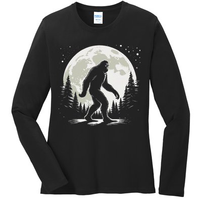 Bigfoot Sasquatch Full Moon Forest Graphic Funny Big Foot Ladies Long Sleeve Shirt