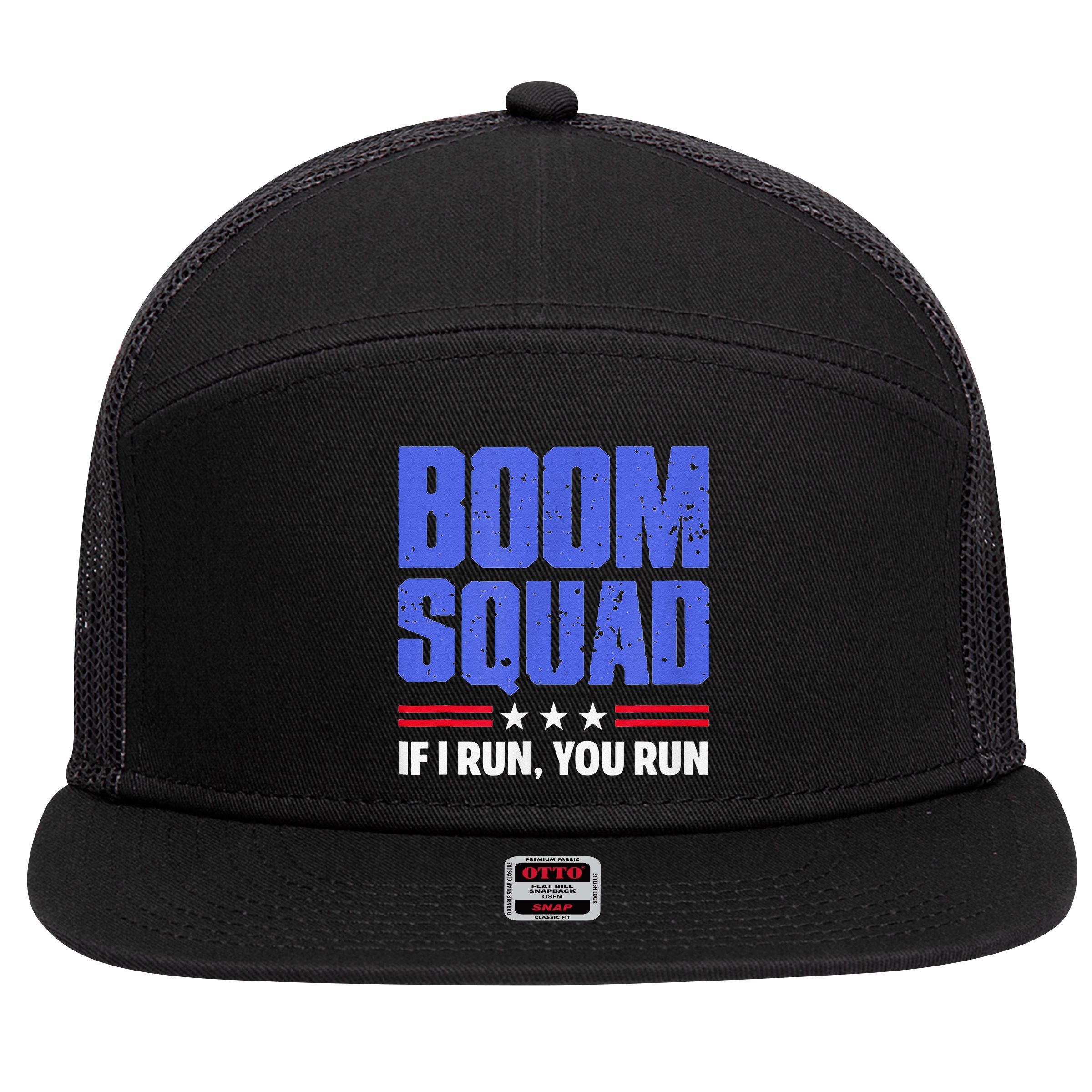 BOOM SQUAD Fireworks Director 4th of July Gift 7 Panel Mesh Trucker Snapback Hat