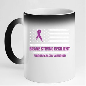 Brave Strong Fibromyalgia Warrior Awareness Usa Flag Chronic Gift 11oz Black Color Changing Mug