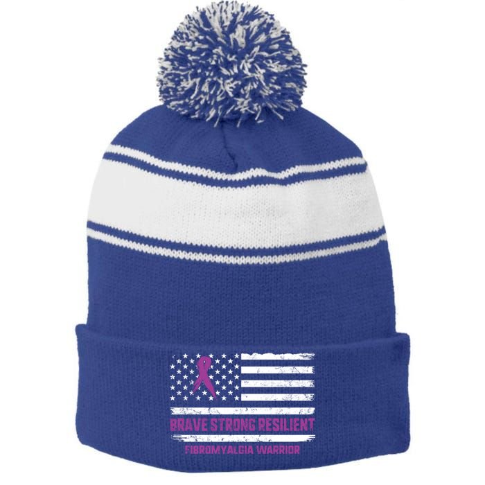 Brave Strong Fibromyalgia Warrior Awareness Usa Flag Chronic Gift Stripe Pom Pom Beanie