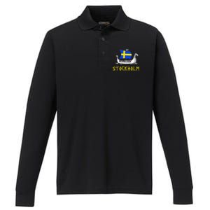 Boat Swedish Flag Sweden Viking Ship Stockholm Performance Long Sleeve Polo