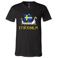 Boat Swedish Flag Sweden Viking Ship Stockholm V-Neck T-Shirt