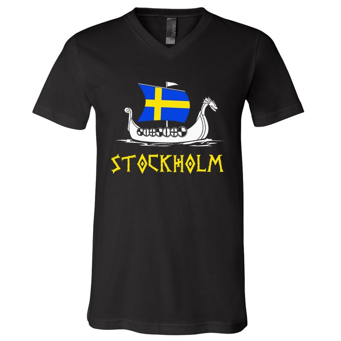 Boat Swedish Flag Sweden Viking Ship Stockholm V-Neck T-Shirt