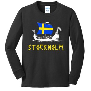 Boat Swedish Flag Sweden Viking Ship Stockholm Kids Long Sleeve Shirt