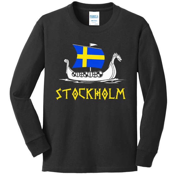 Boat Swedish Flag Sweden Viking Ship Stockholm Kids Long Sleeve Shirt