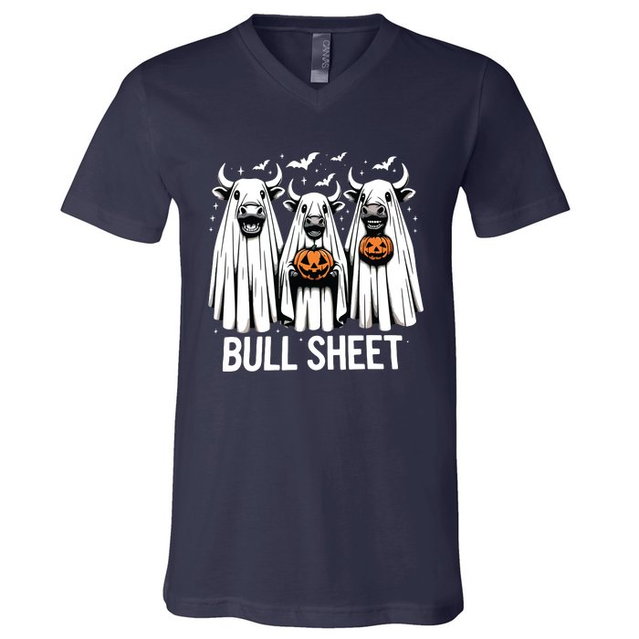 Bull Sheet Funny Ghost Cow Halloween V-Neck T-Shirt