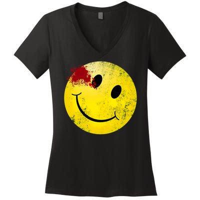 Bloody Smiling Face I Vintage Smile Emojicon Women's V-Neck T-Shirt
