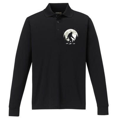 Bigfoot Sasquatch Full Moon Forest Graphic Funny Big Foot Performance Long Sleeve Polo