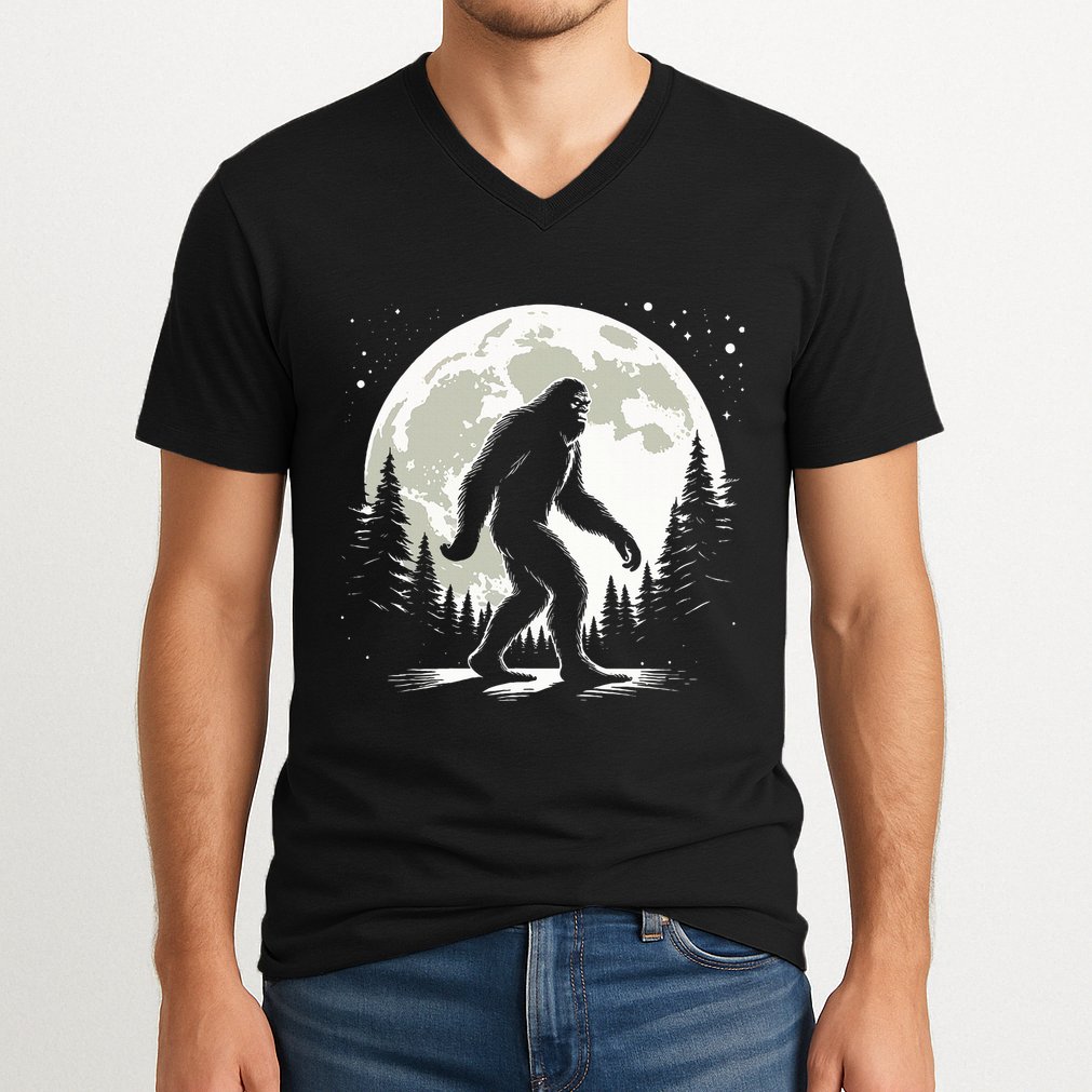 Bigfoot Sasquatch Full Moon Forest Graphic Funny Big Foot V-Neck T-Shirt