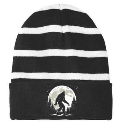 Bigfoot Sasquatch Full Moon Forest Graphic Funny Big Foot Striped Beanie with Solid Band