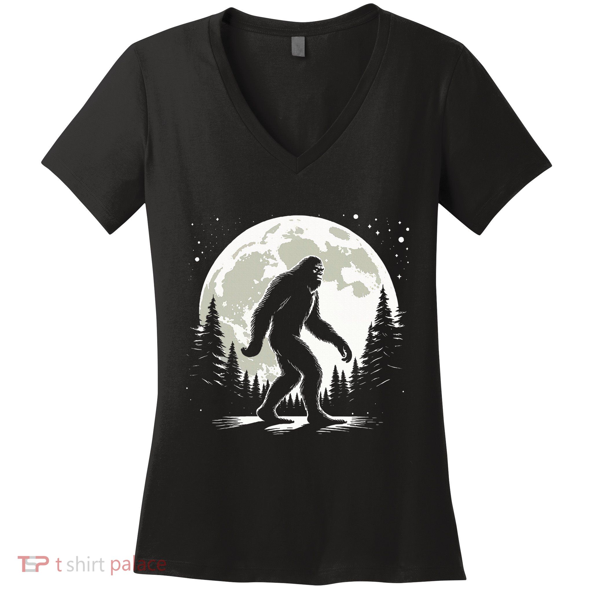 Bigfoot Sasquatch Full Moon Forest Graphic Funny Big Foot Women's V-Neck T-Shirt