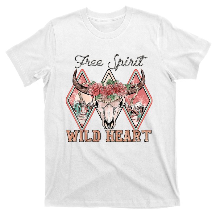 Bull Skull Free Spirit Wild Heart Valentine Western Rodeo T-Shirt