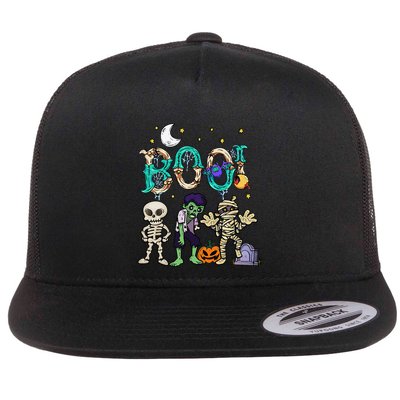 Boo! Spooky Funny Halloween Mummy Skeleton Pumpkin Apparel Flatbill Hat