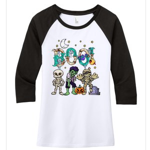 Boo! Spooky Funny Halloween Mummy Skeleton Pumpkin Apparel Women's Tri-Blend 3/4-Sleeve Raglan Shirt