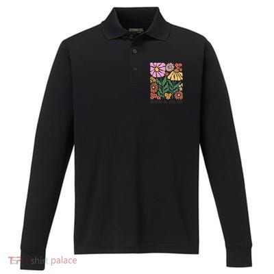 Boho Summer Flower Botanical Nature Lover Floral Wildflower Performance Long Sleeve Polo