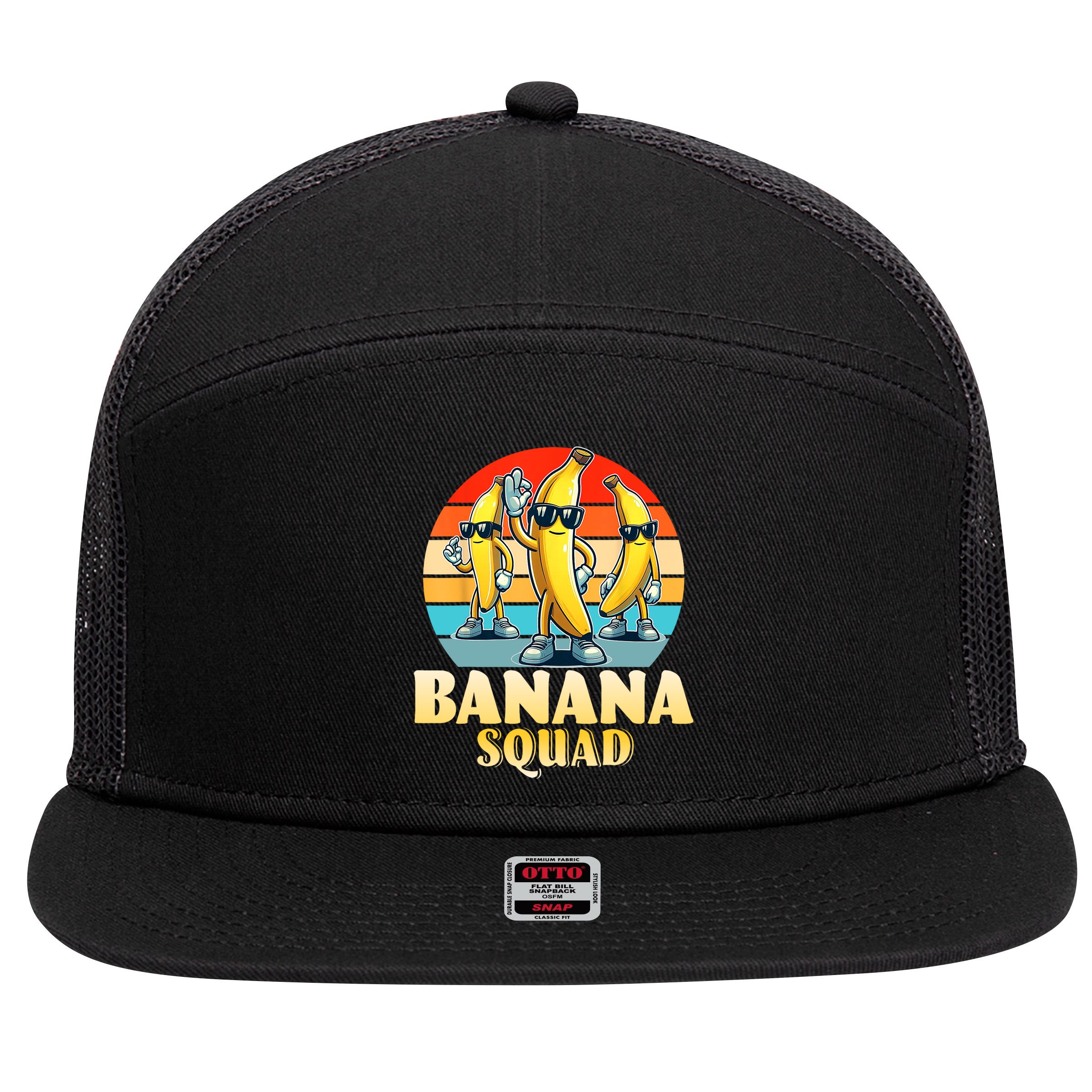 Banana Squad Funny Yellow Banana Lover Fruit 7 Panel Mesh Trucker Snapback Hat