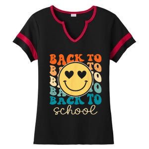 Boho Style Groovy Smile Back to School Ladies Halftime Notch Neck Tee