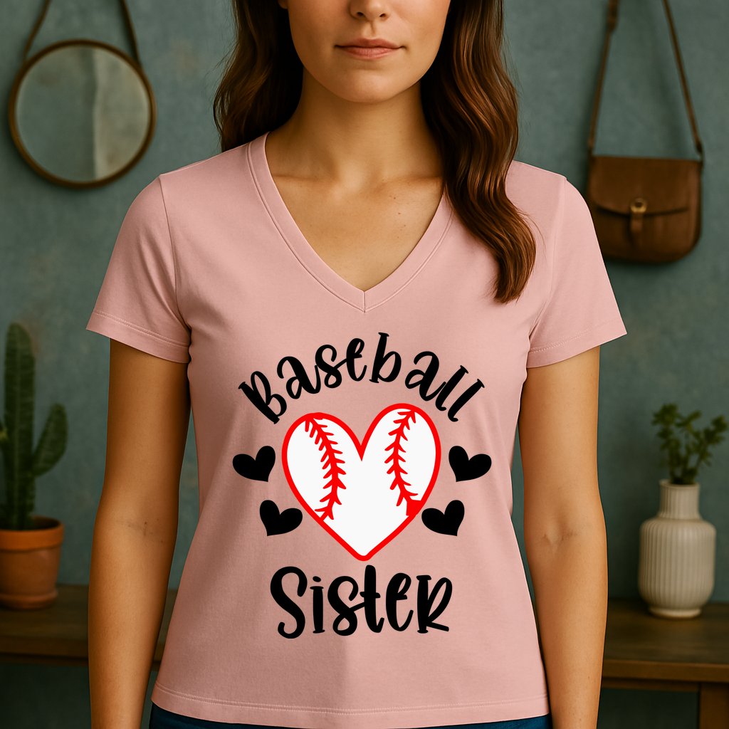 Baseball Sister Game Day Sport Heart Women's V-Neck T-Shirt