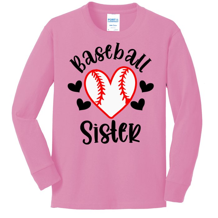 Baseball Sister Game Day Sport Heart Kids Long Sleeve Shirt