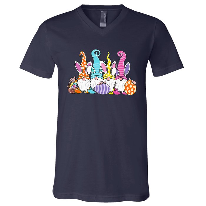 Bunny Spring Gnome Easter Egg Hunting And Basket V-Neck T-Shirt