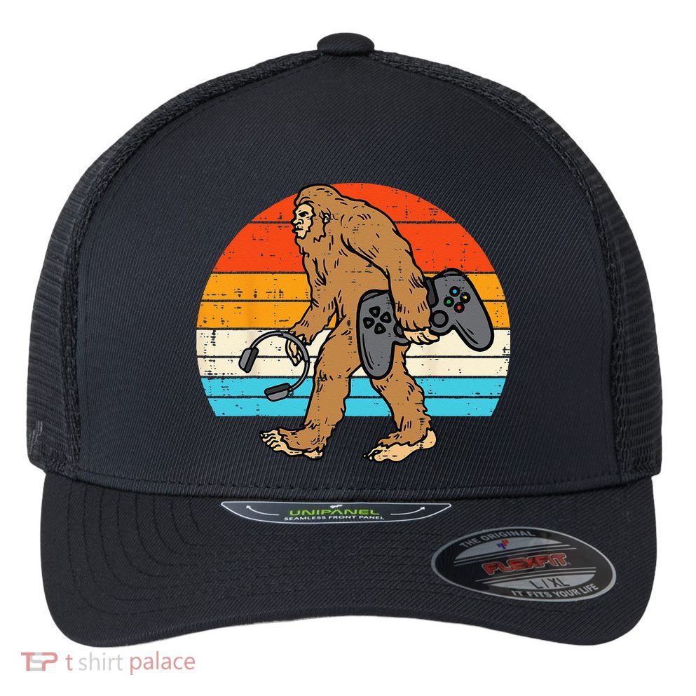 Bigfoot Sasquatch Gamer Retro Gaming Flexfit Unipanel Trucker Cap