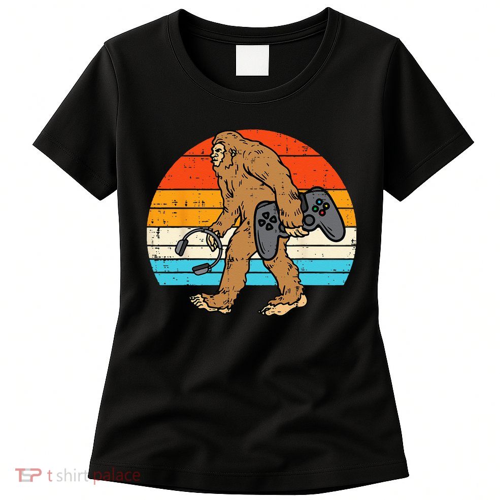 Bigfoot Sasquatch Gamer Retro Gaming Womens T-Shirt