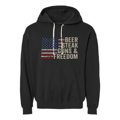 Beer Steak Guns & Freedom 4th July Usa Flag Bbq Drinking Garment-Dyed Fleece Hoodie