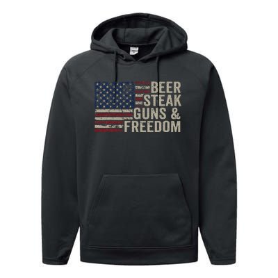 Beer Steak Guns & Freedom 4th July Usa Flag Bbq Drinking Performance Fleece Hoodie