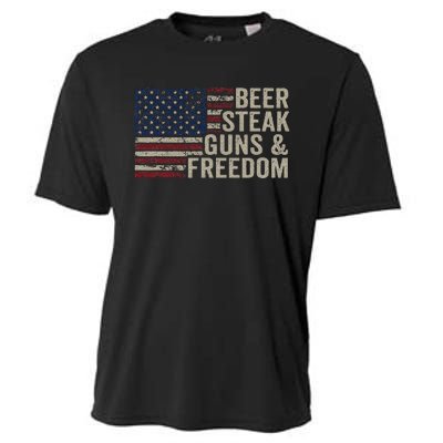 Beer Steak Guns & Freedom 4th July Usa Flag Bbq Drinking Cooling Performance Crew T-Shirt