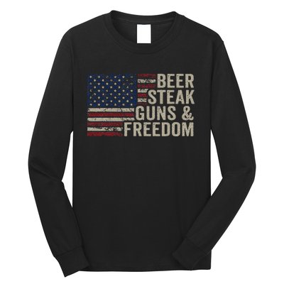 Beer Steak Guns & Freedom 4th July Usa Flag Bbq Drinking Long Sleeve Shirt