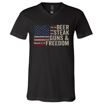 Beer Steak Guns & Freedom 4th July Usa Flag Bbq Drinking V-Neck T-Shirt