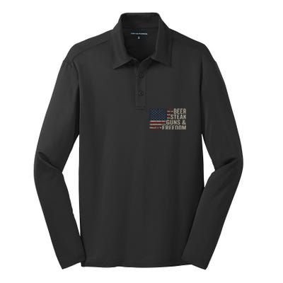 Beer Steak Guns & Freedom 4th July Usa Flag Bbq Drinking Silk Touch Performance Long Sleeve Polo