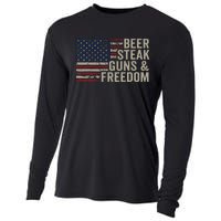 Beer Steak Guns & Freedom 4th July Usa Flag Bbq Drinking Cooling Performance Long Sleeve Crew